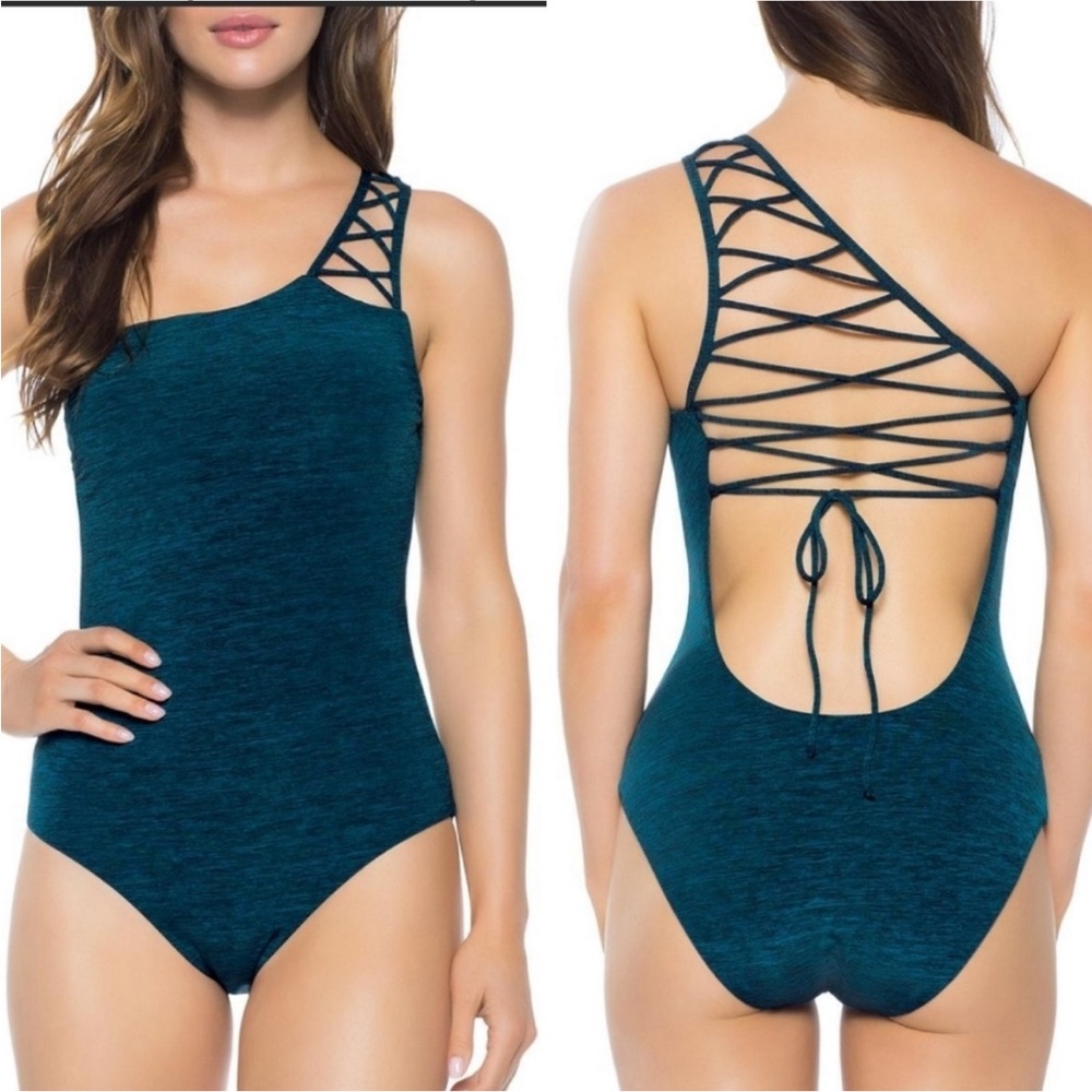 BECCA Teal One-Shoulder Lattice-Back One-Piece Swimsuit